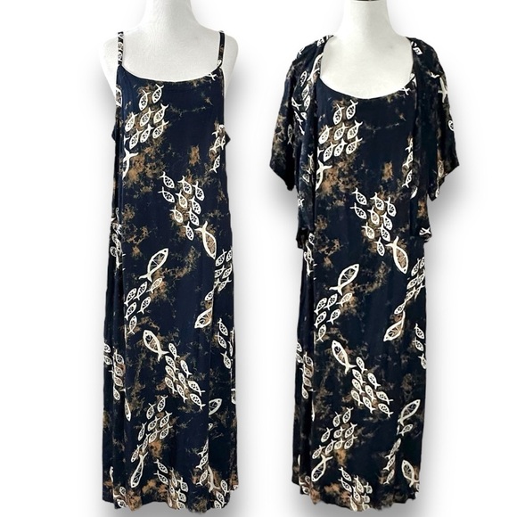 Vintage 90s Far Away Tropical Tie Dye Fish Maxi Dress & Top Set Size Large Beach - Picture 1 of 16